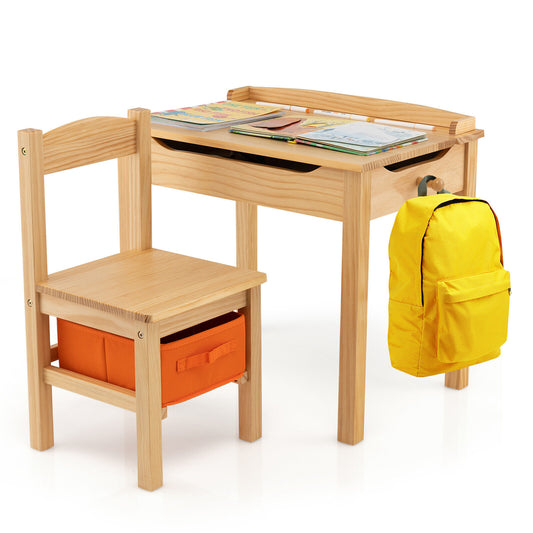 Wood Activity Kids Table and Chair Set with Storage Space-Natural Kids Crystal
