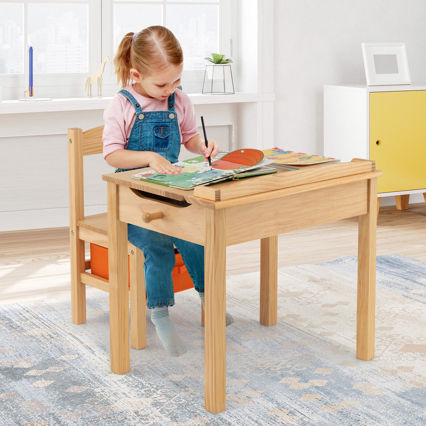 Wood Activity Kids Table and Chair Set with Storage Space-Natural Kids Crystal