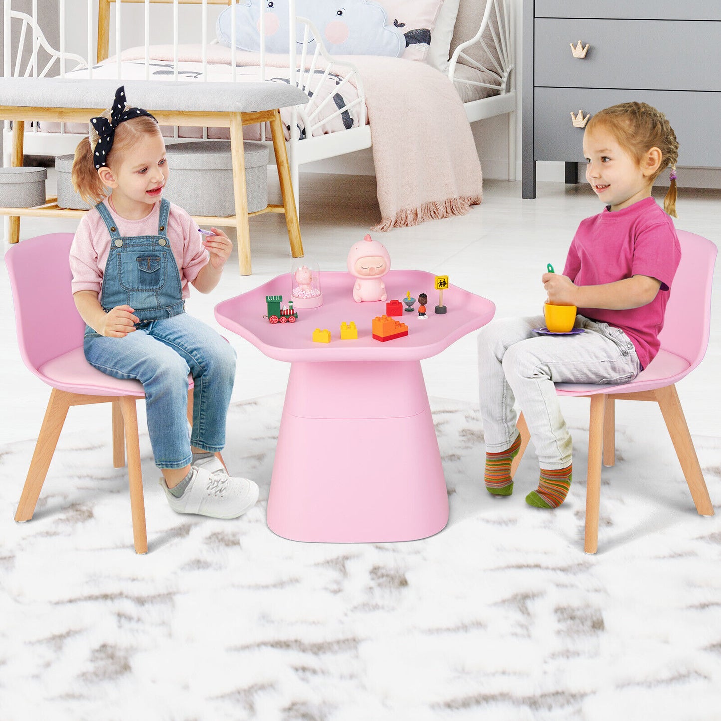 Wooden Kids Activity Table and Chairs Set with Padded Seat-Pink Kids Crystal