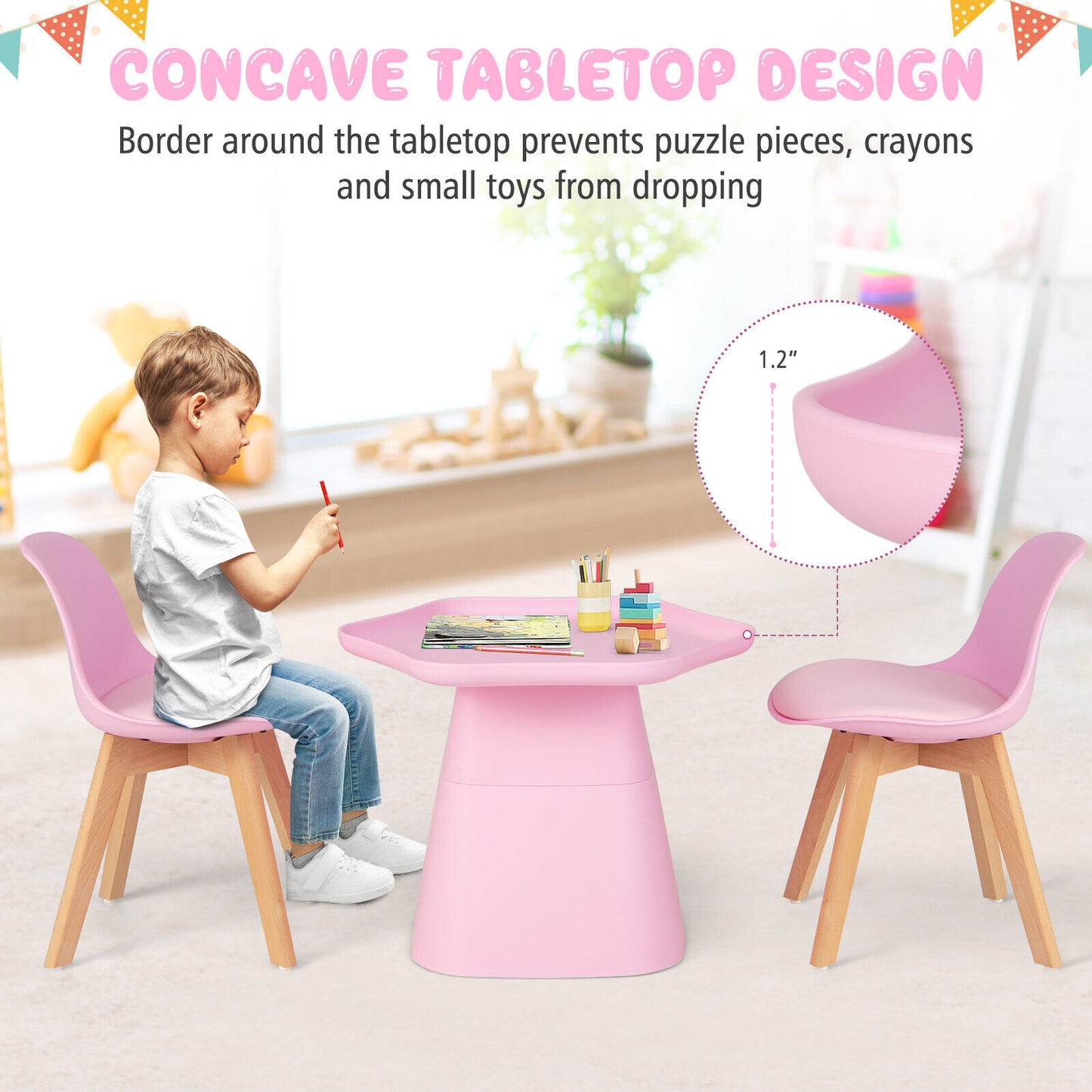 Wooden Kids Activity Table and Chairs Set with Padded Seat-Pink Kids Crystal