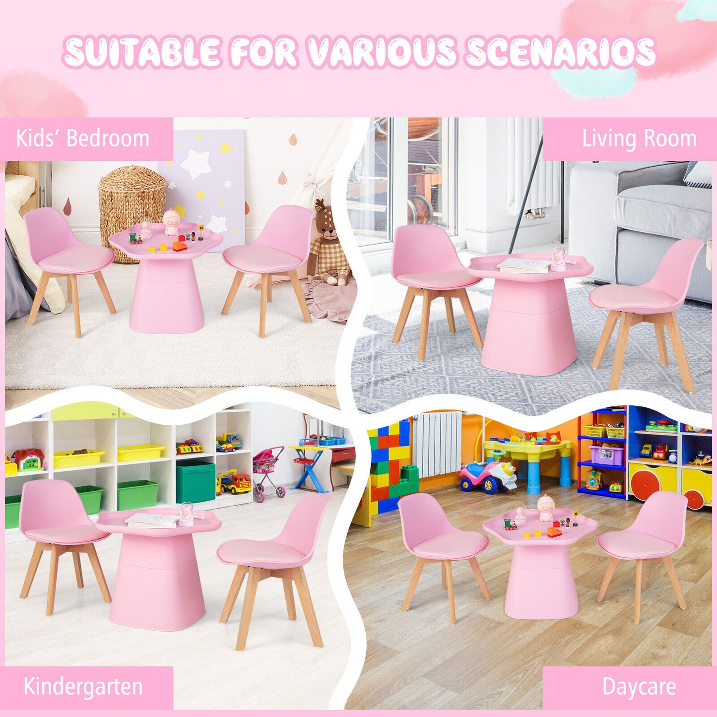 Wooden Kids Activity Table and Chairs Set with Padded Seat-Pink Kids Crystal