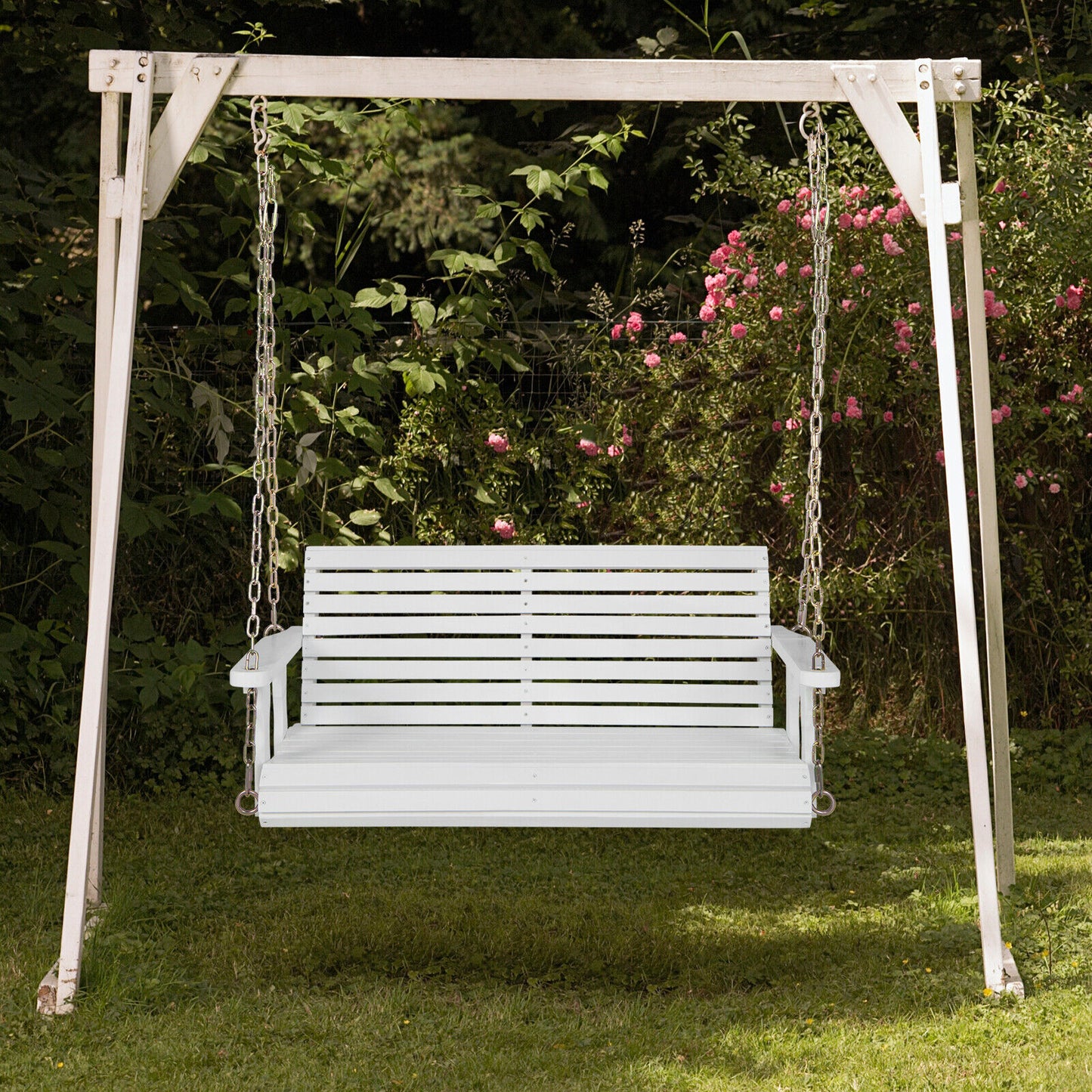 2-Person Wooden Porch Swing with Hanging Chains for Garden Yard-White Kids Crystal
