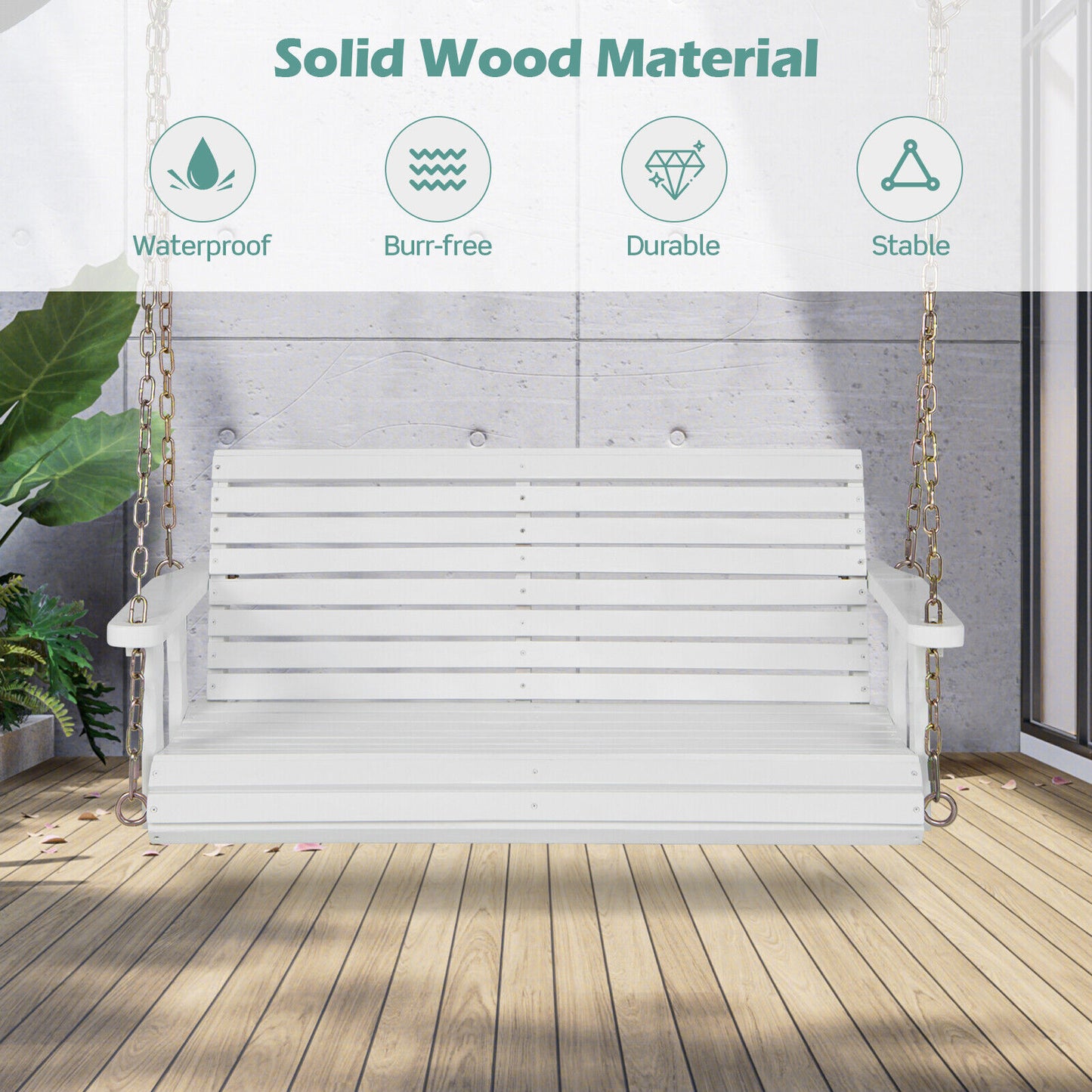 2-Person Wooden Porch Swing with Hanging Chains for Garden Yard-White Kids Crystal