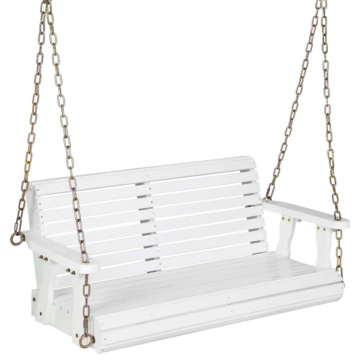 2-Person Wooden Porch Swing with Hanging Chains for Garden Yard-White Kids Crystal