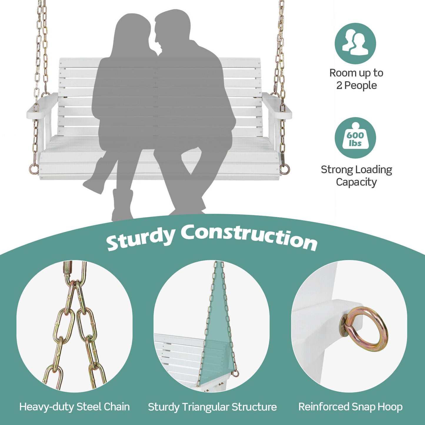 2-Person Wooden Porch Swing with Hanging Chains for Garden Yard-White Kids Crystal