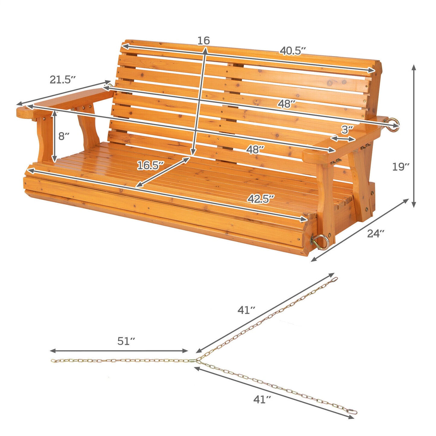 2-Person Wooden Porch Swing with Hanging Chains for Garden Yard-Orange Kids Crystal