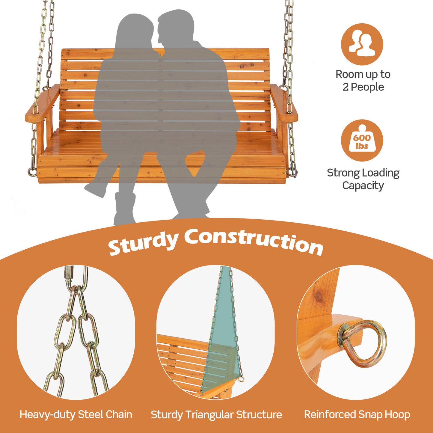 2-Person Wooden Porch Swing with Hanging Chains for Garden Yard-Orange Kids Crystal