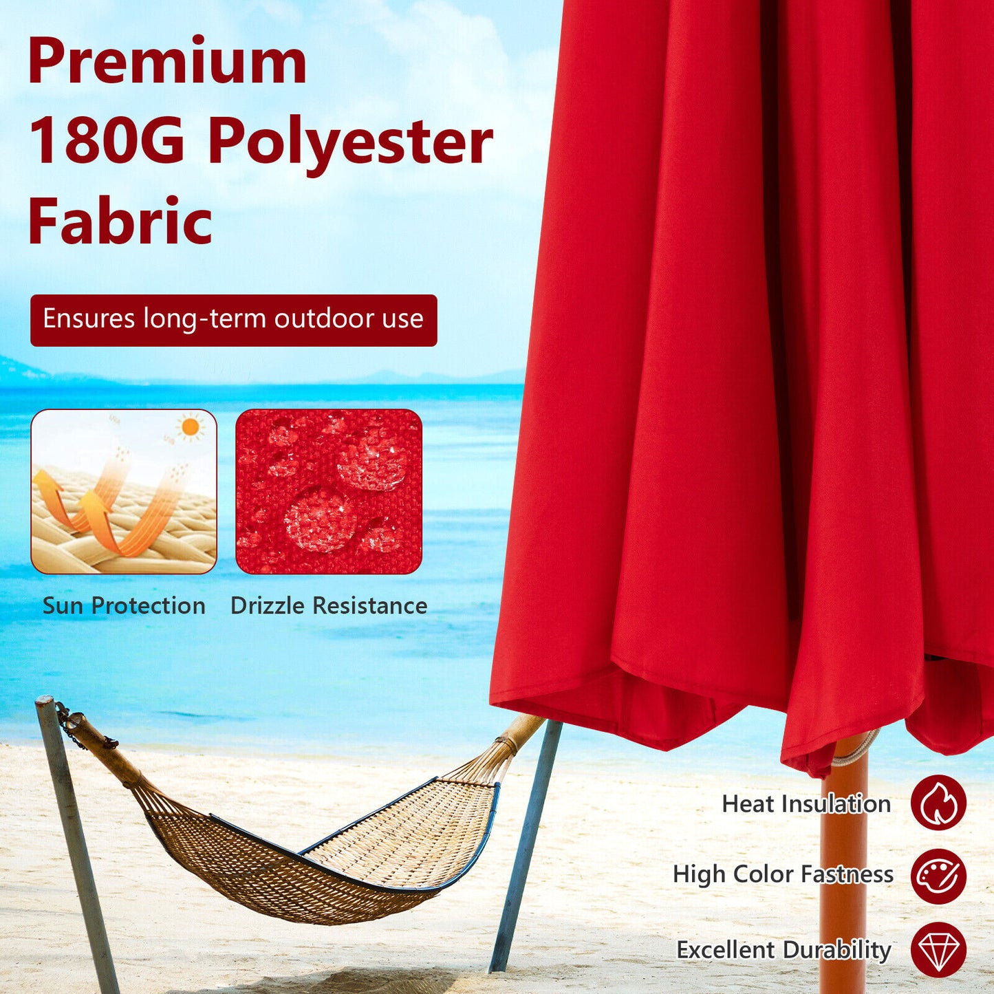 9.5 Feet Pulley Lift Round Patio Umbrella with Fiberglass Ribs-Red Kids Crystal