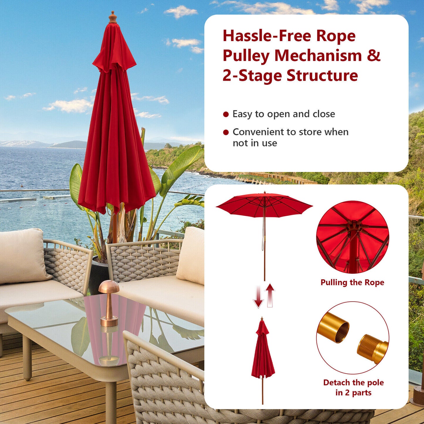 9.5 Feet Pulley Lift Round Patio Umbrella with Fiberglass Ribs-Red Kids Crystal