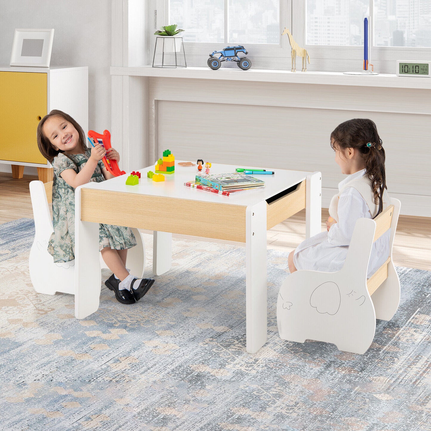 4-in-1 Wooden Activity Kids Table and Chairs with Storage and Detachable Blackboard-White Kids Crystal