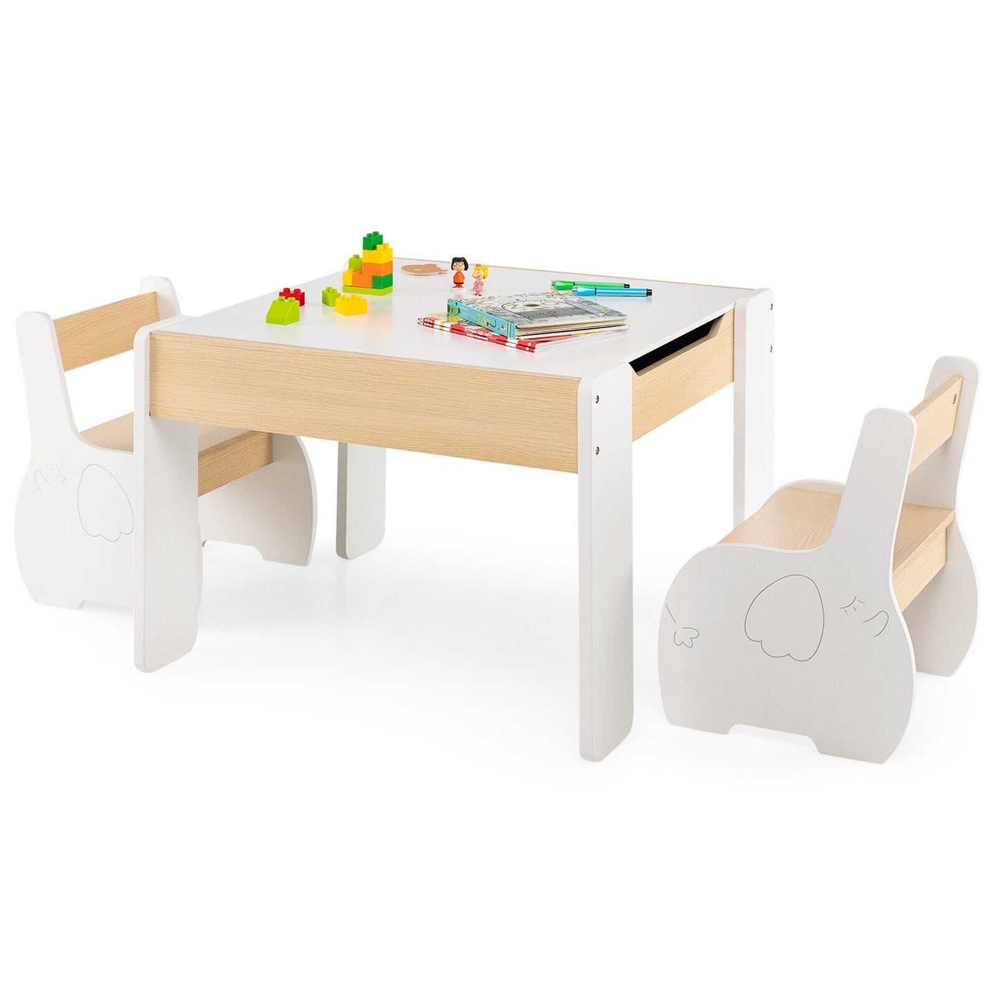 4-in-1 Wooden Activity Kids Table and Chairs with Storage and Detachable Blackboard-White Kids Crystal