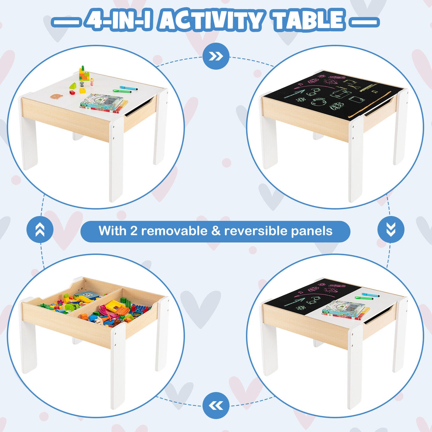4-in-1 Wooden Activity Kids Table and Chairs with Storage and Detachable Blackboard-White Kids Crystal