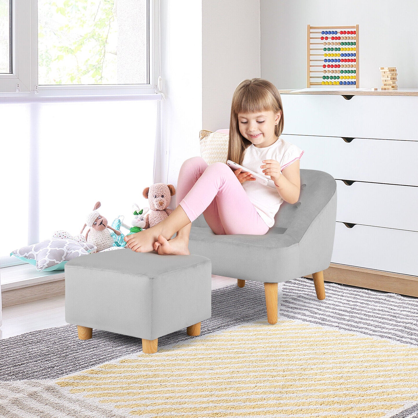 Soft Velvet Upholstered Kids Sofa Chair with Ottoman-Gray Kids Crystal