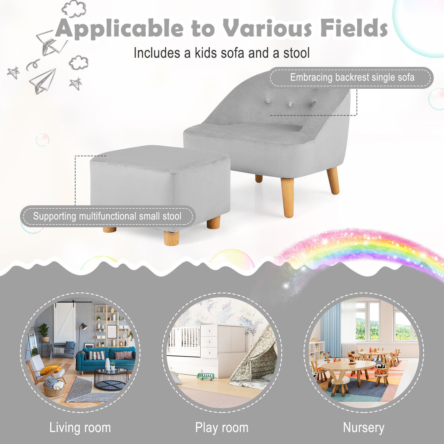 Soft Velvet Upholstered Kids Sofa Chair with Ottoman-Gray Kids Crystal