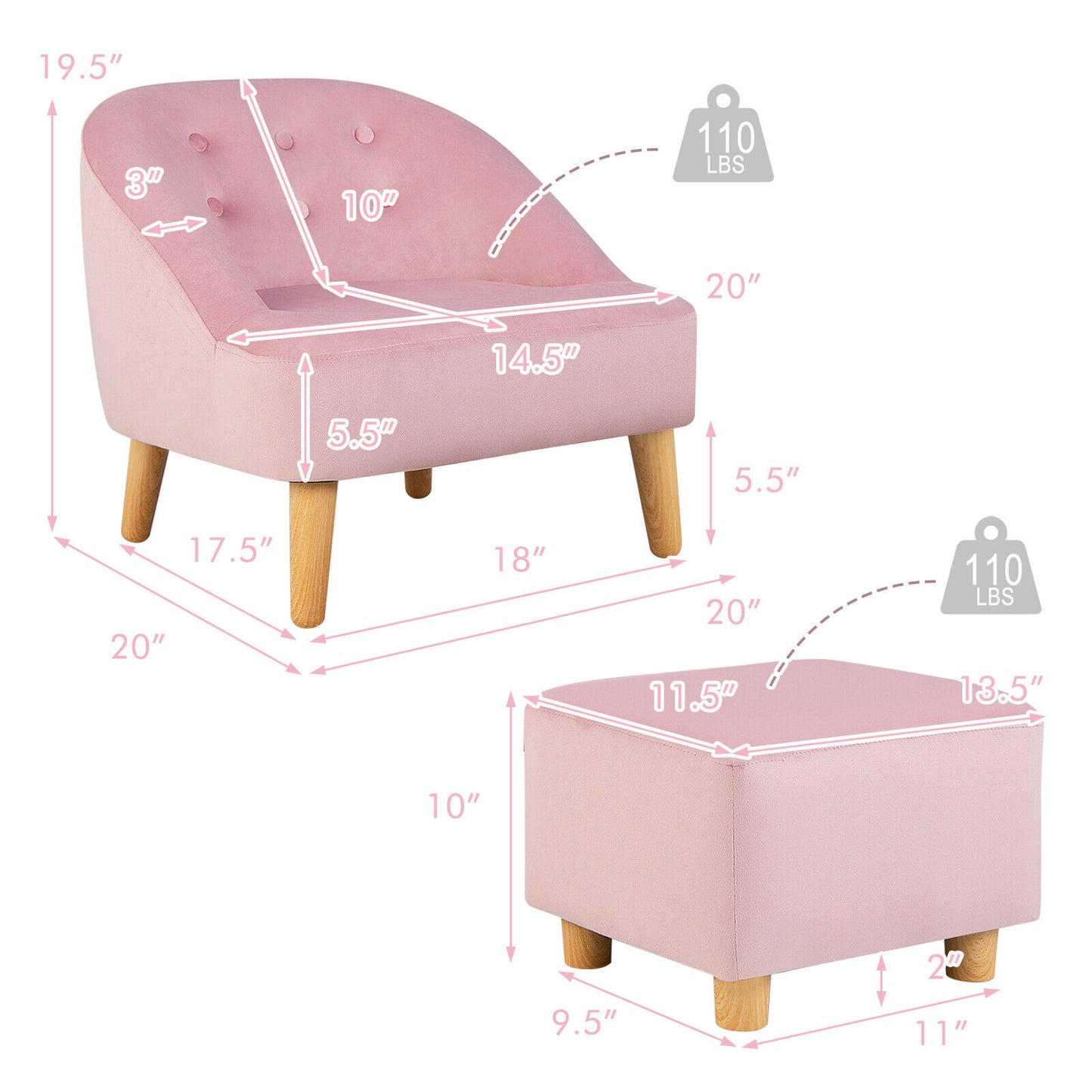 Soft Velvet Upholstered Kids Sofa Chair with Ottoman-Pink Kids Crystal