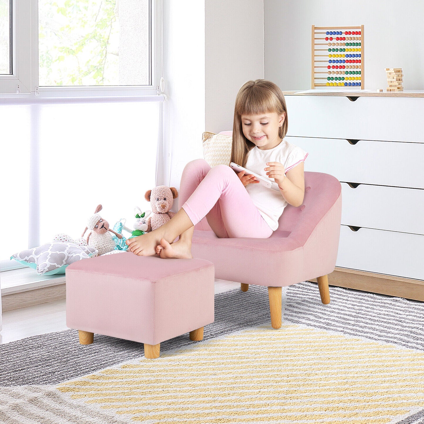 Soft Velvet Upholstered Kids Sofa Chair with Ottoman-Pink Kids Crystal