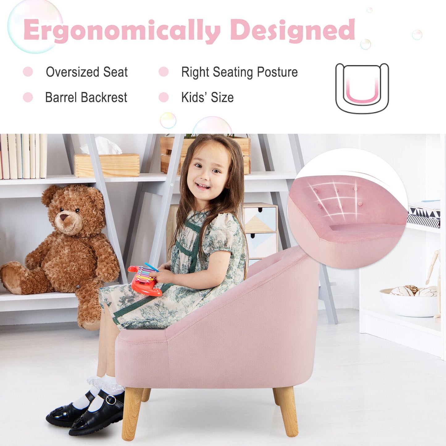 Soft Velvet Upholstered Kids Sofa Chair with Ottoman-Pink Kids Crystal