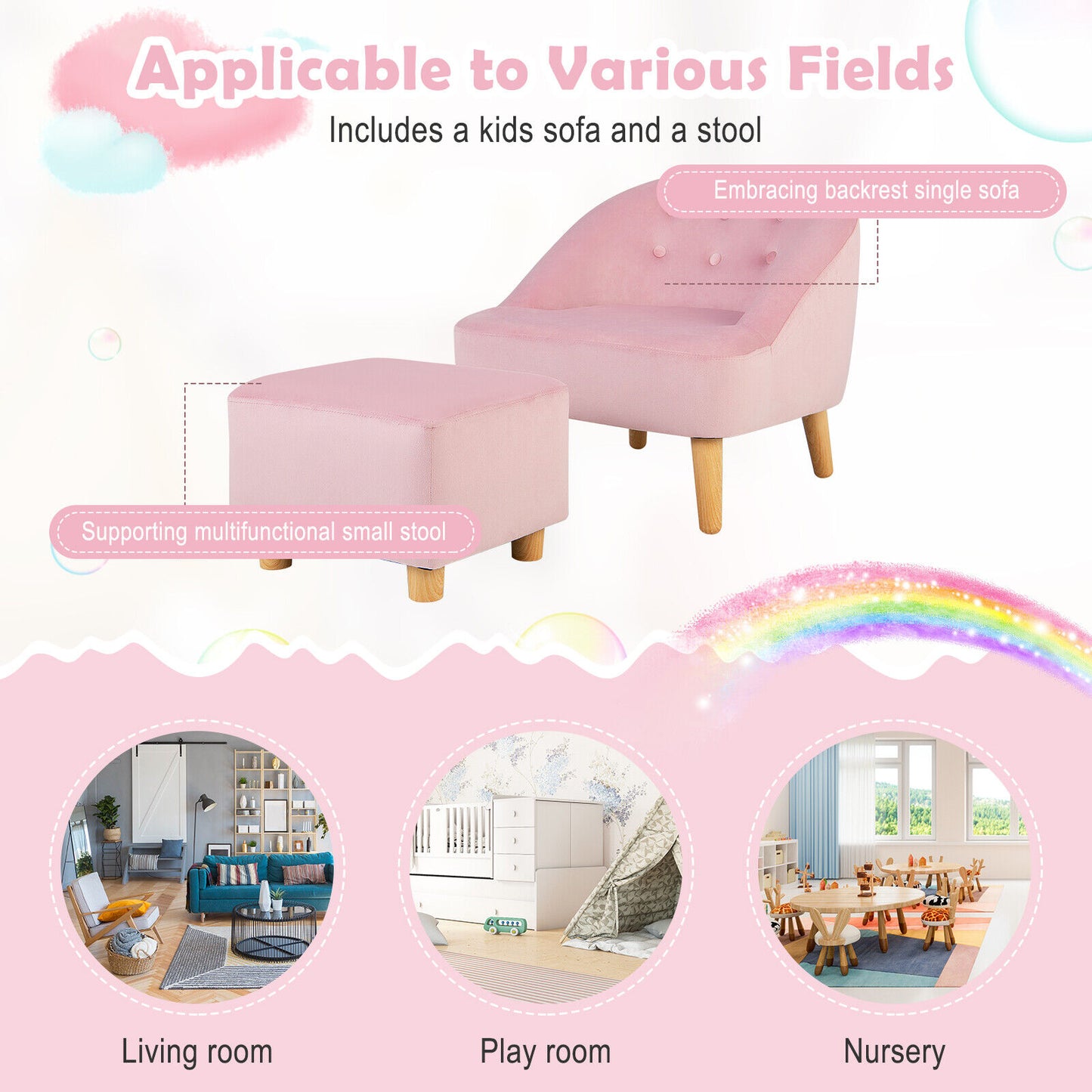 Soft Velvet Upholstered Kids Sofa Chair with Ottoman-Pink Kids Crystal