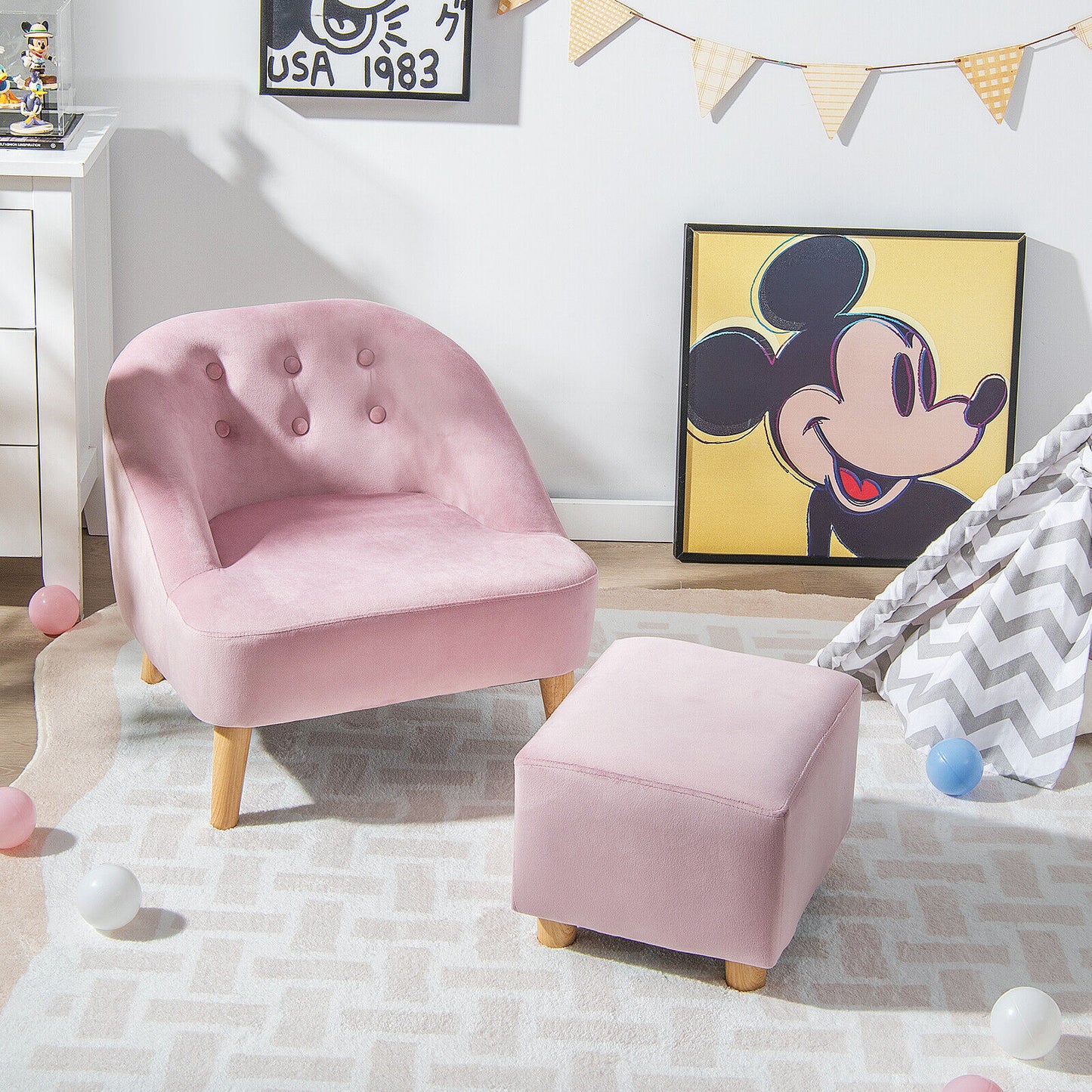 Soft Velvet Upholstered Kids Sofa Chair with Ottoman-Pink Kids Crystal