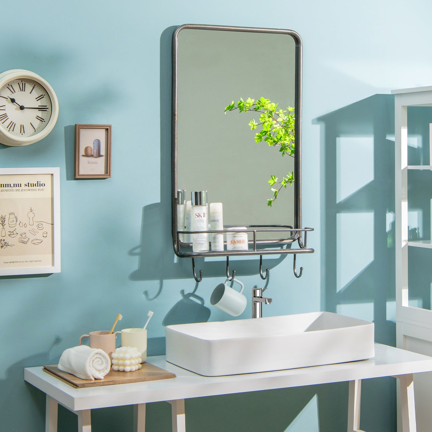 Wall Bathroom Mirror with Shelf Hooks Sturdy Metal Frame for Bedroom Living Room Kids Crystal