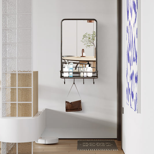 Wall Bathroom Mirror with Shelf Hooks Sturdy Metal Frame for Bedroom Living Room Kids Crystal