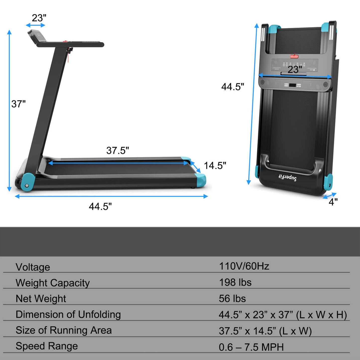 Folding Electric Compact Walking Treadmill with APP Control Speaker-Blue Kids Crystal