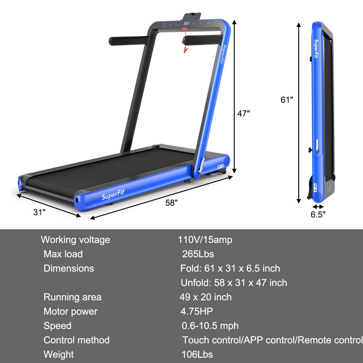 4.75HP 2 In 1 Folding Treadmill with Remote APP Control-Navy Kids Crystal