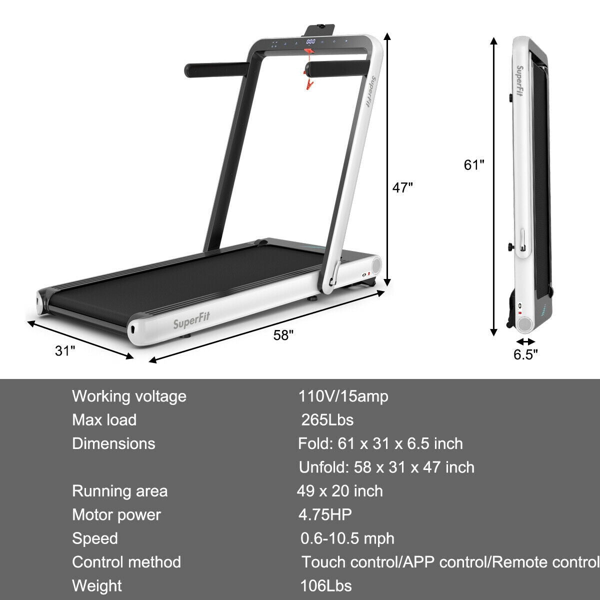 4.75HP 2 In 1 Folding Treadmill with Remote APP Control-White Kids Crystal