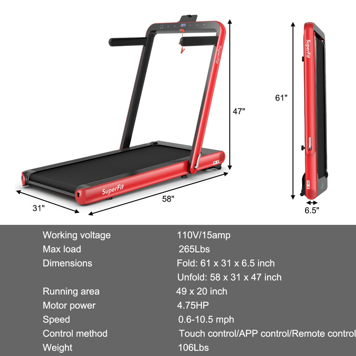 4.75HP 2 In 1 Folding Treadmill with Remote APP Control-Red Kids Crystal