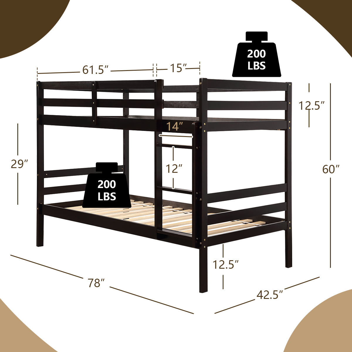 Twin Bunk Bed Children Wooden Bunk Beds Solid Hardwood-Brown Kids Crystal