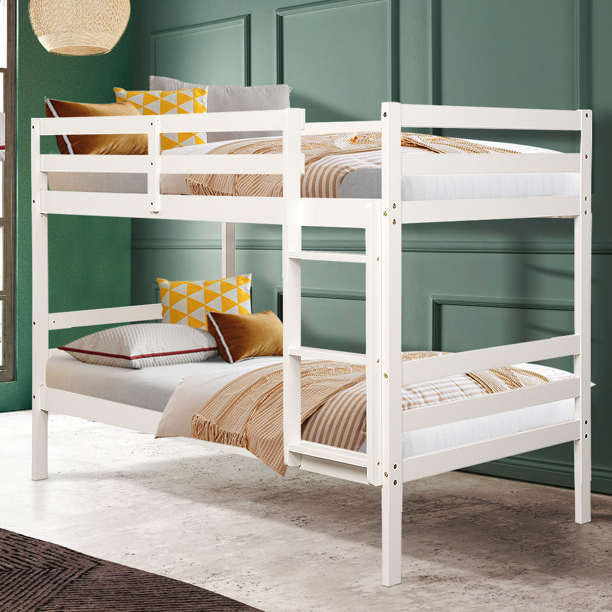 Twin Bunk Bed Children Wooden Bunk Beds Solid Hardwood-White Kids Crystal
