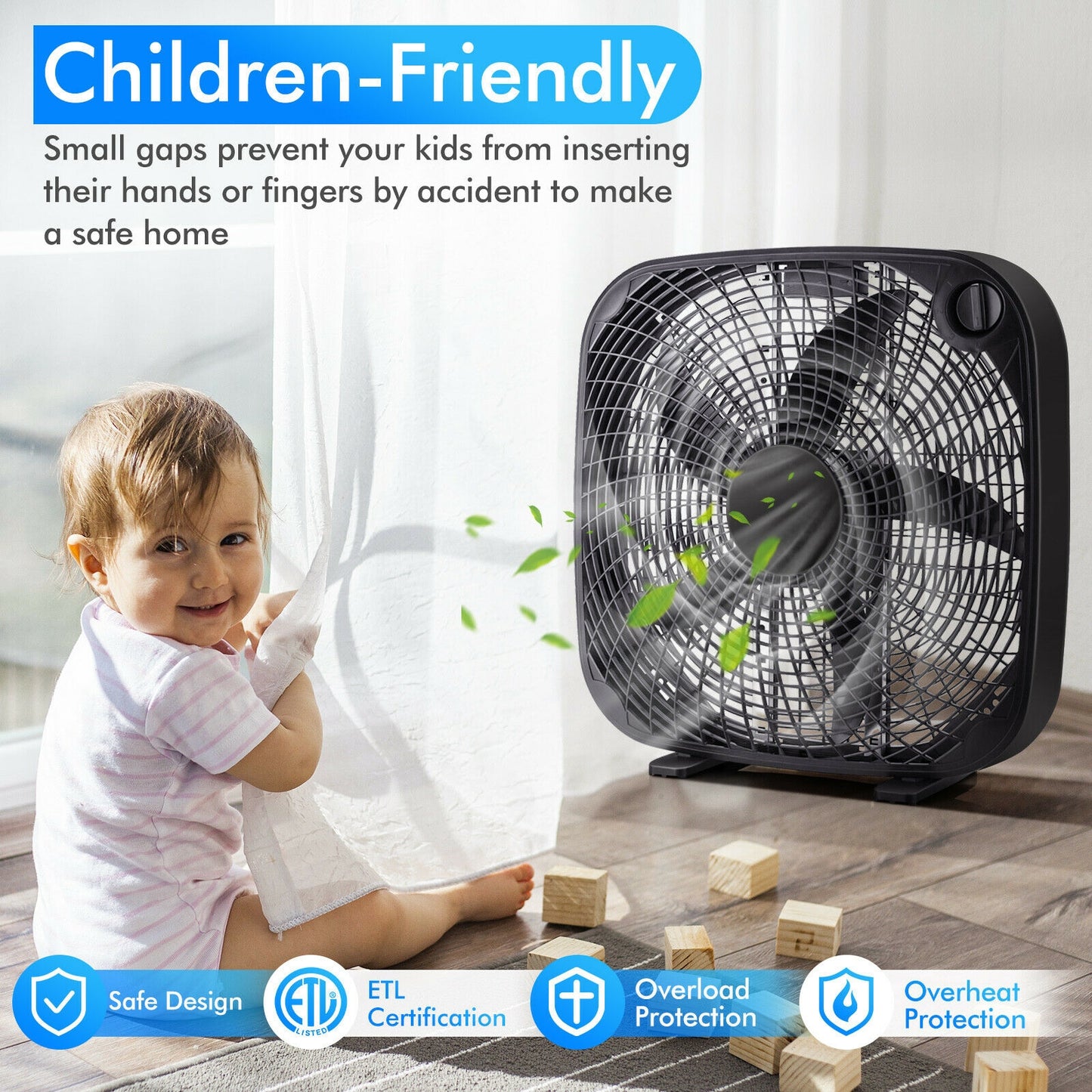 20 Inch Box Portable Floor Fan with 3 Speed Settings and Knob Control-Black Kids Crystal