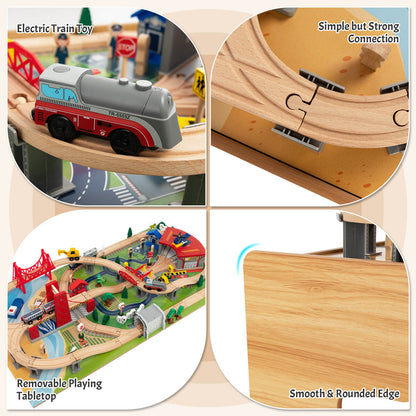 Kids Double-Sided Wooden Train Table Playset with Storage Drawer