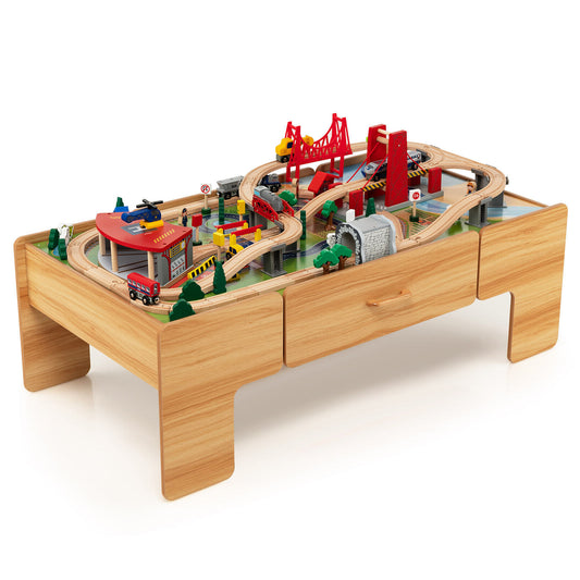 Kids Double-Sided Wooden Train Table Playset with Storage Drawer Kids Crystal