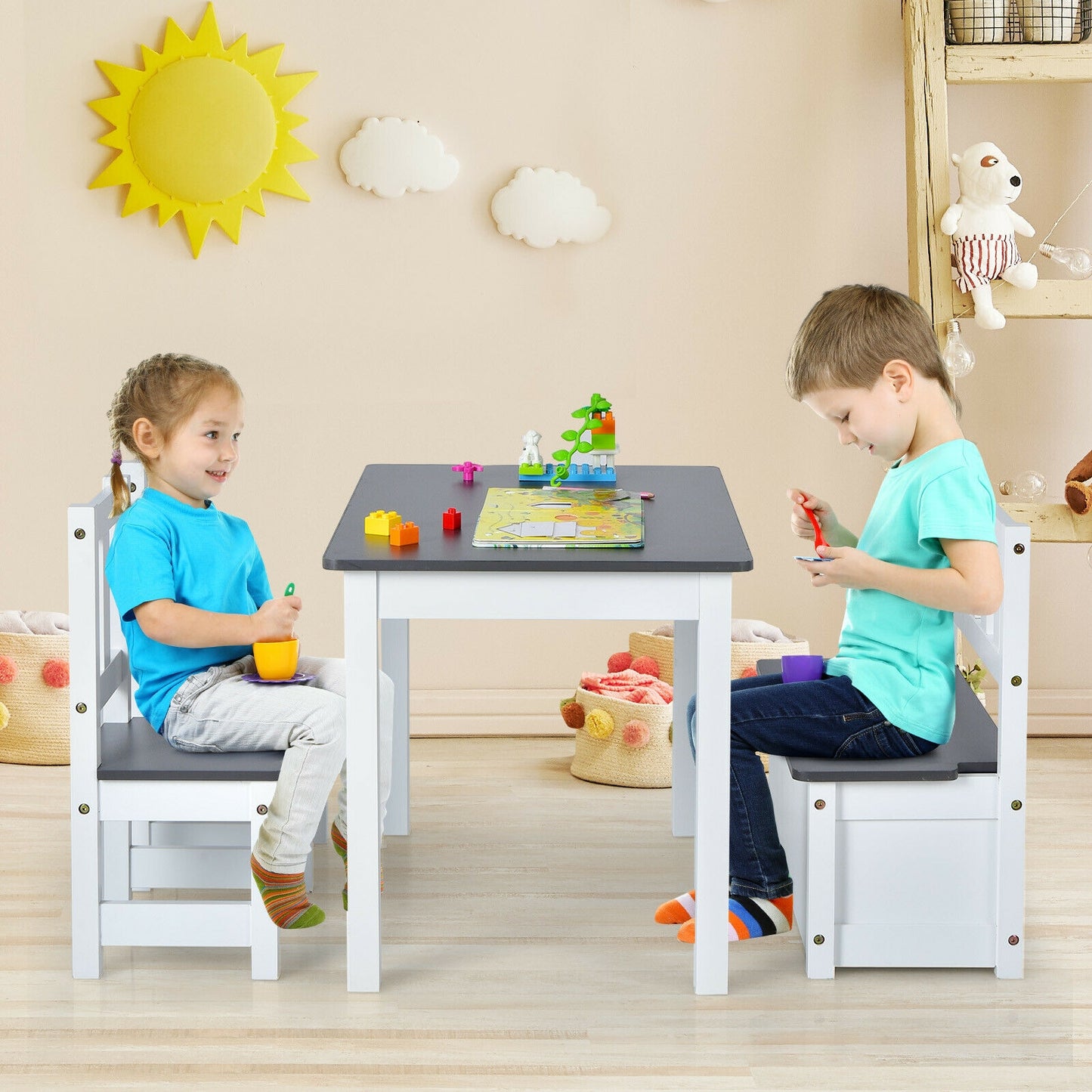 4 Pieces Kids Wooden Activity Table and Chairs Set with Storage Bench and Study Desk-Gray Kids Crystal