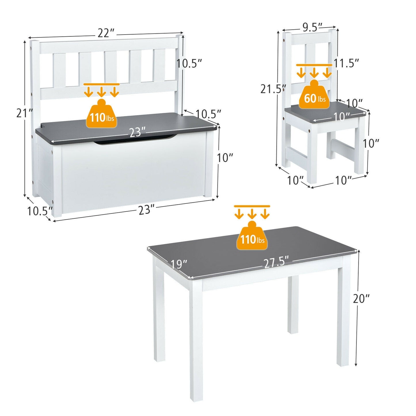 4 Pieces Kids Wooden Activity Table and Chairs Set with Storage Bench and Study Desk-Gray Kids Crystal