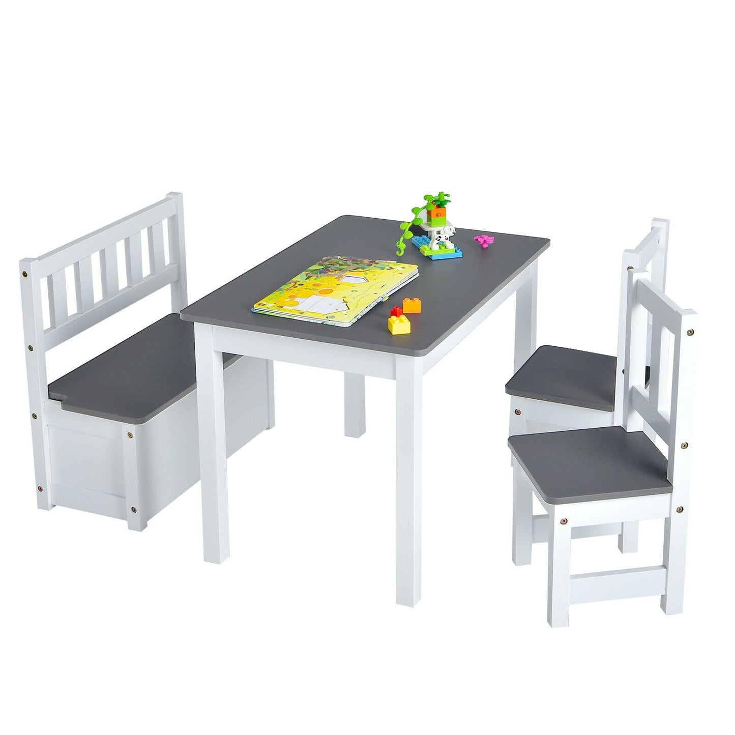 4 Pieces Kids Wooden Activity Table and Chairs Set with Storage Bench and Study Desk-Gray Kids Crystal