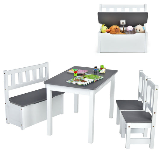 4 Pieces Kids Wooden Activity Table and Chairs Set with Storage Bench and Study Desk-Gray Kids Crystal