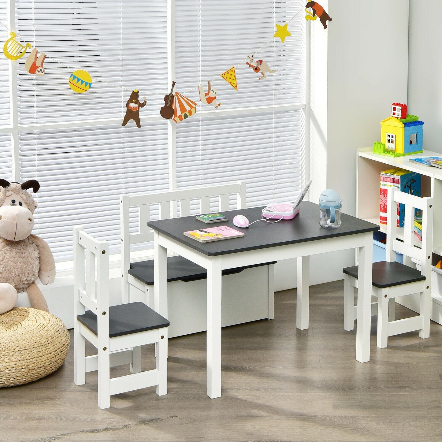 4 Pieces Kids Wooden Activity Table and Chairs Set with Storage Bench and Study Desk-Gray Kids Crystal
