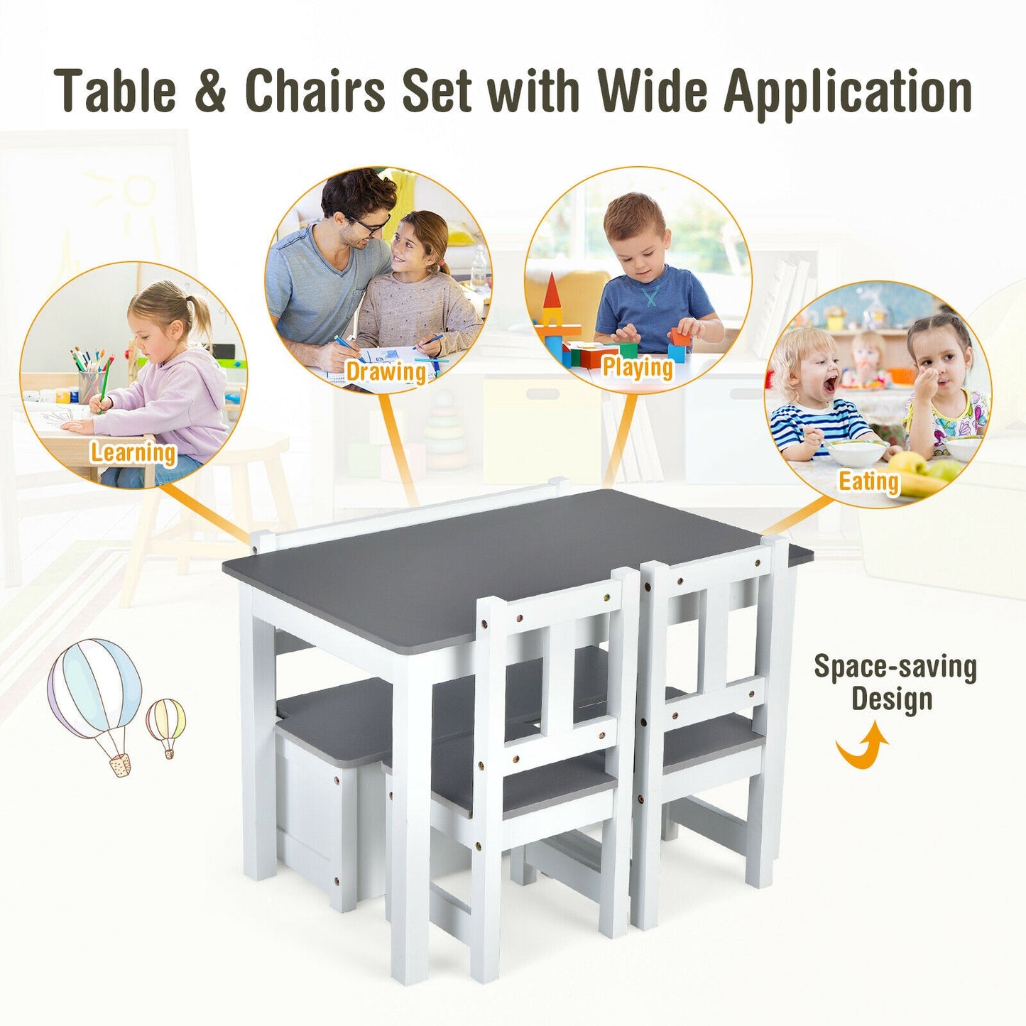 4 Pieces Kids Wooden Activity Table and Chairs Set with Storage Bench and Study Desk-Gray Kids Crystal