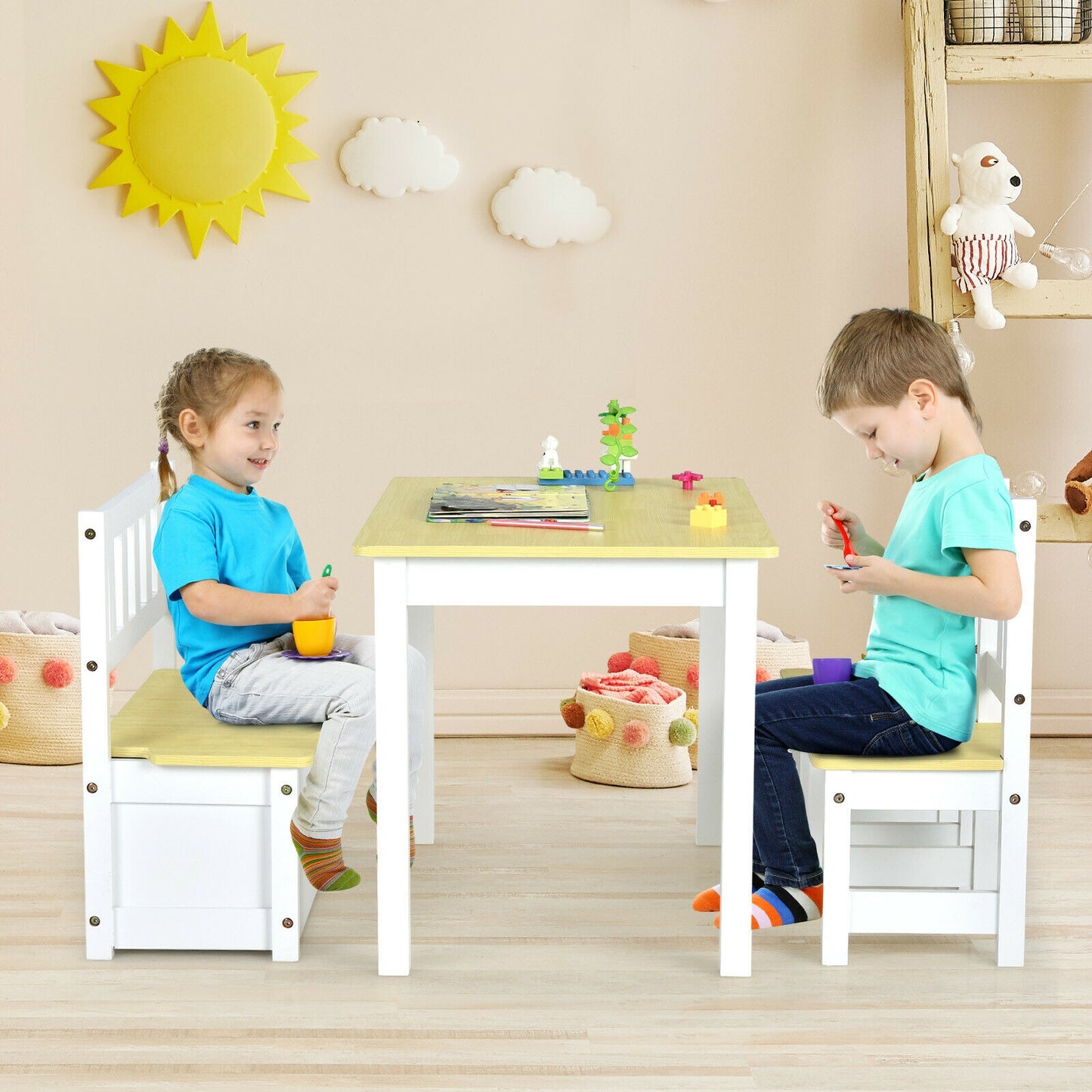 4 Pieces Kids Wooden Activity Table and Chairs Set with Storage Bench and Study Desk-Natural Kids Crystal