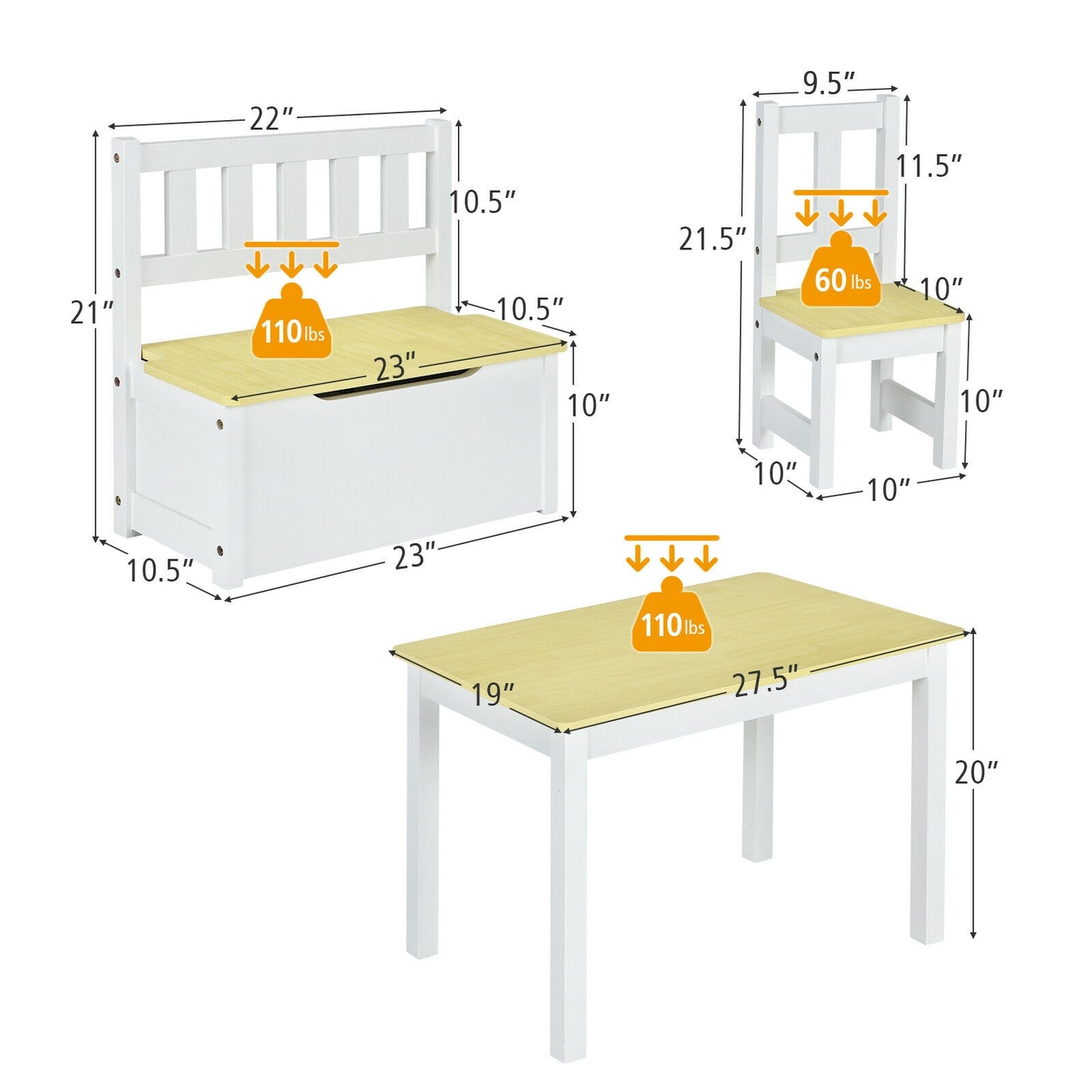 4 Pieces Kids Wooden Activity Table and Chairs Set with Storage Bench and Study Desk-Natural Kids Crystal
