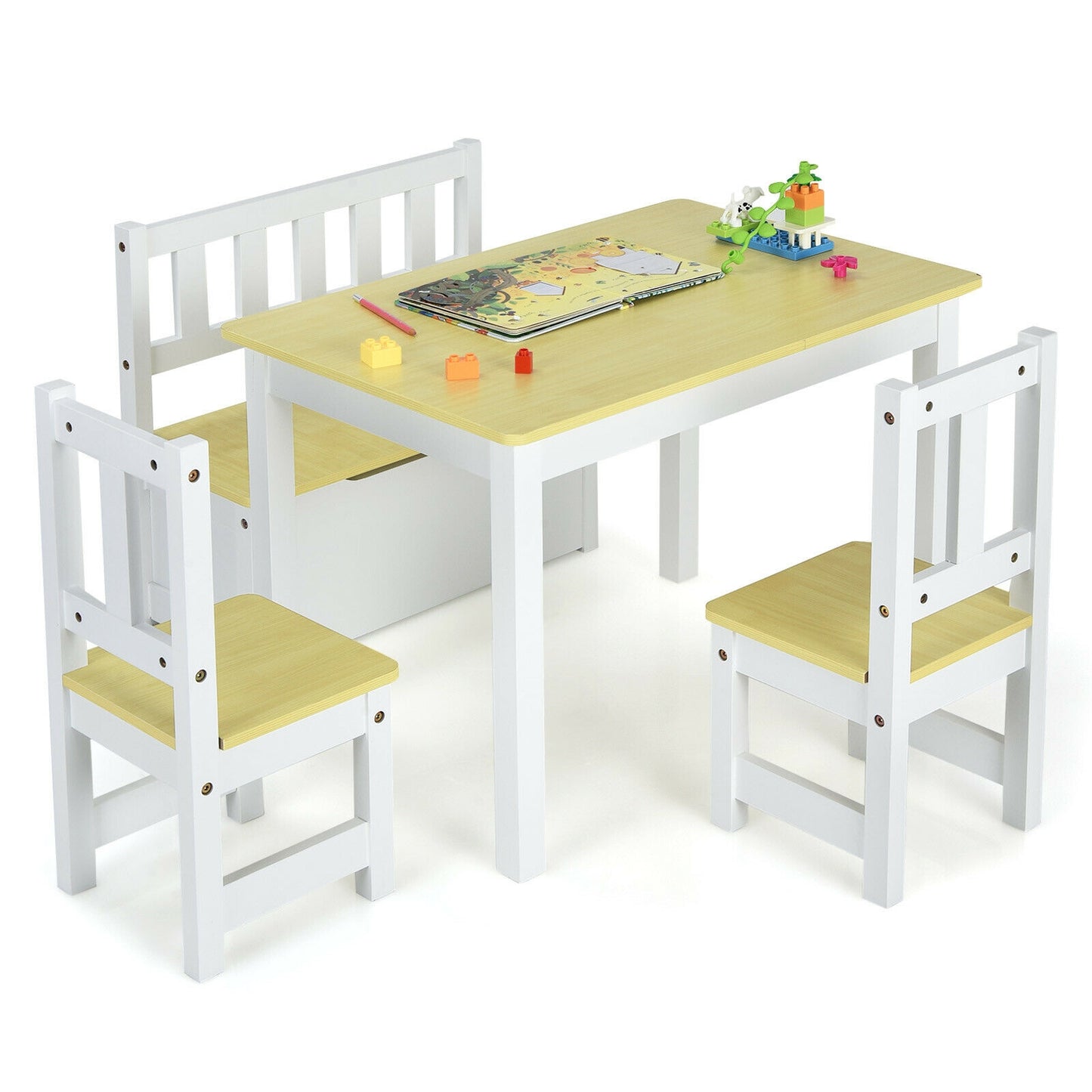 4 Pieces Kids Wooden Activity Table and Chairs Set with Storage Bench and Study Desk-Natural Kids Crystal