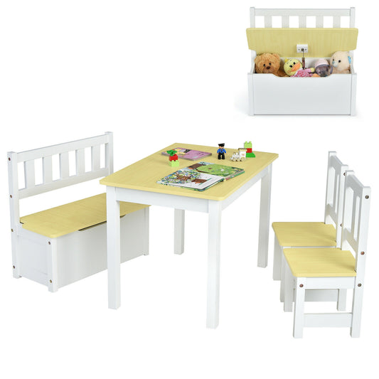 4 Pieces Kids Wooden Activity Table and Chairs Set with Storage Bench and Study Desk-Natural Kids Crystal