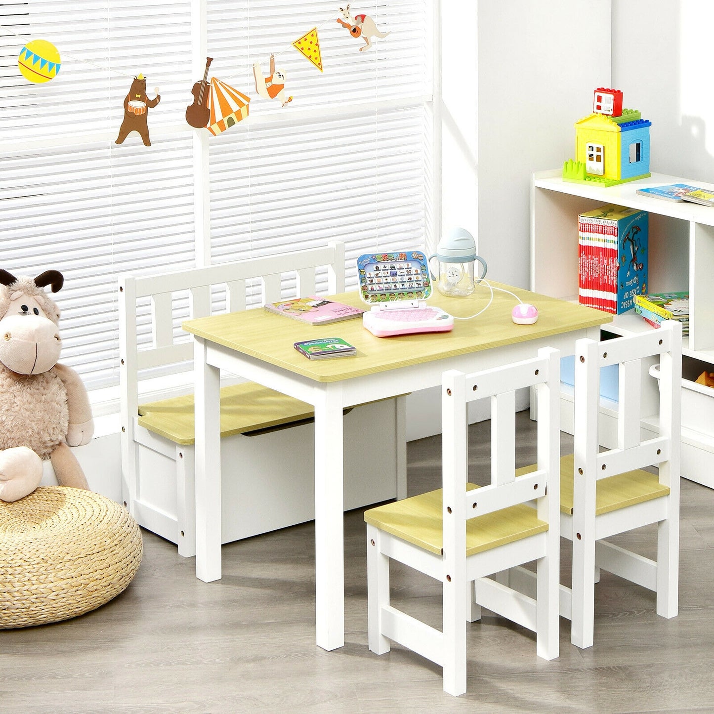 4 Pieces Kids Wooden Activity Table and Chairs Set with Storage Bench and Study Desk-Natural Kids Crystal