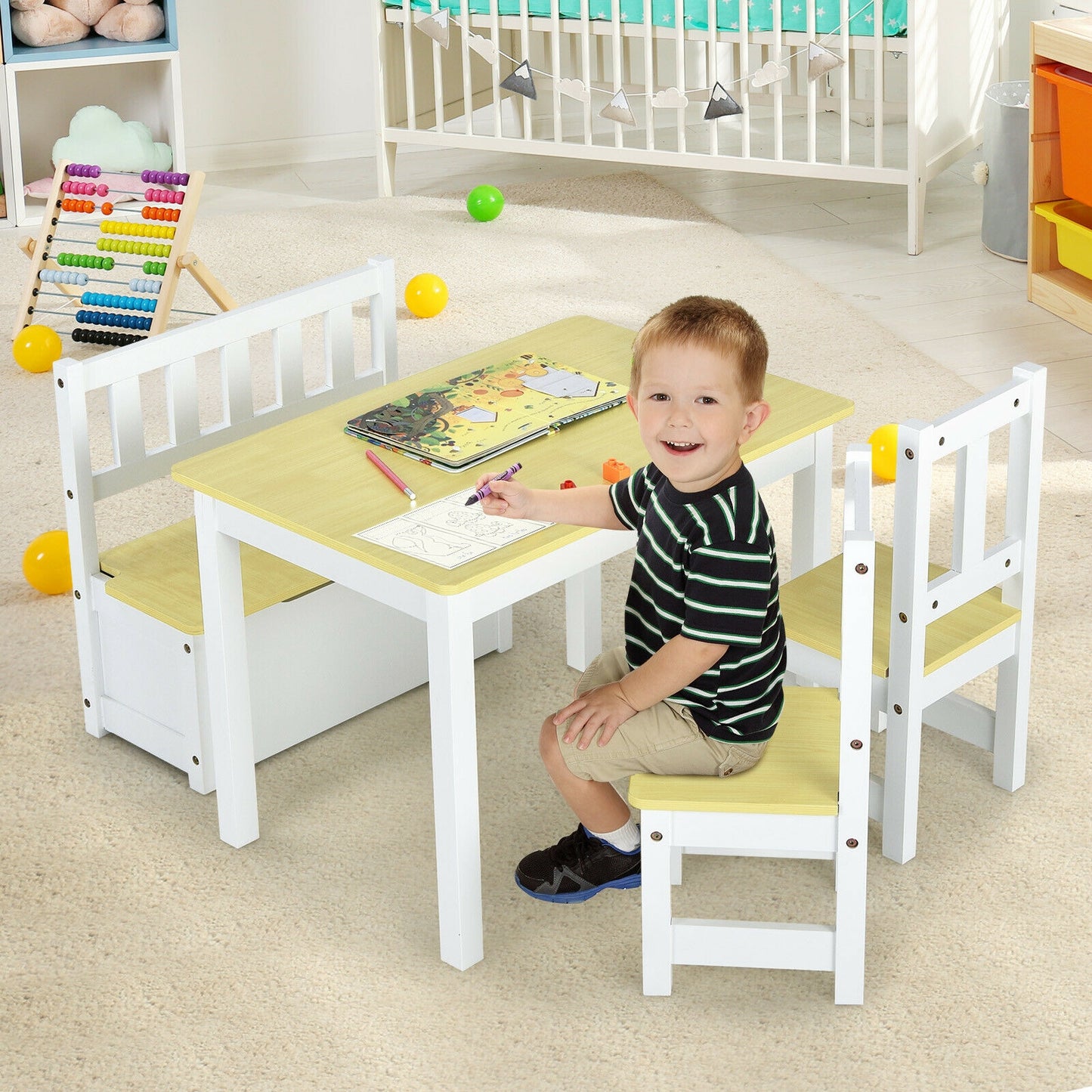 4 Pieces Kids Wooden Activity Table and Chairs Set with Storage Bench and Study Desk-Natural Kids Crystal