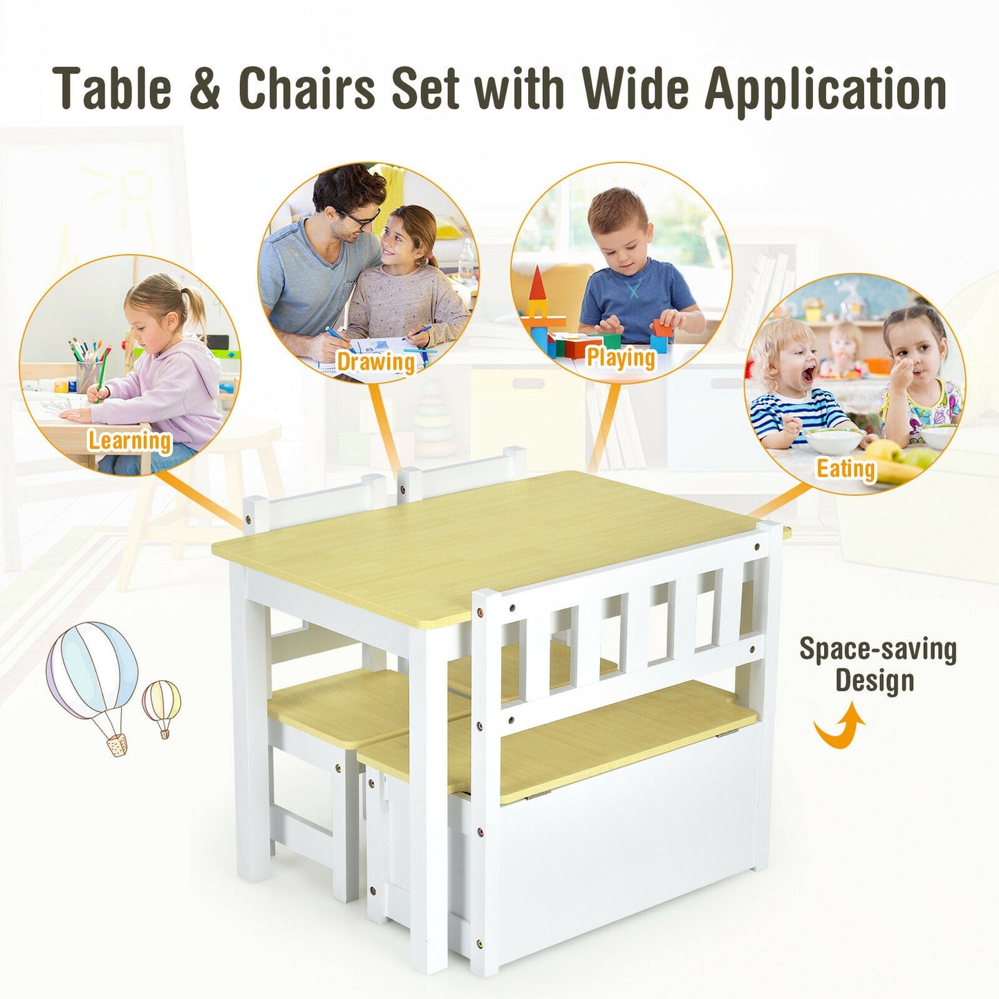4 Pieces Kids Wooden Activity Table and Chairs Set with Storage Bench and Study Desk-Natural Kids Crystal