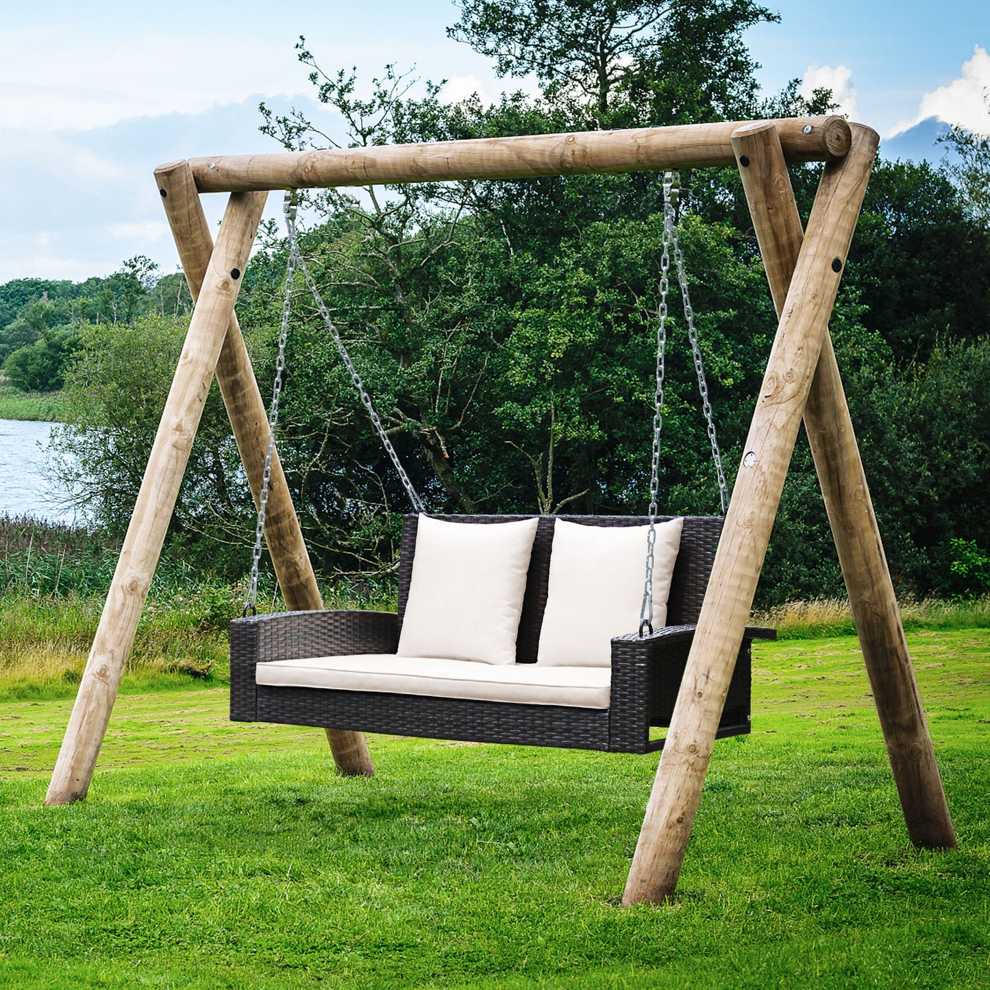 2-Person Patio Rattan Porch Swing with Cushions-White Kids Crystal