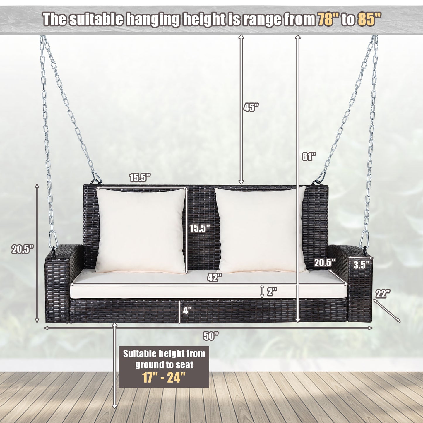 2-Person Patio Rattan Porch Swing with Cushions-White Kids Crystal