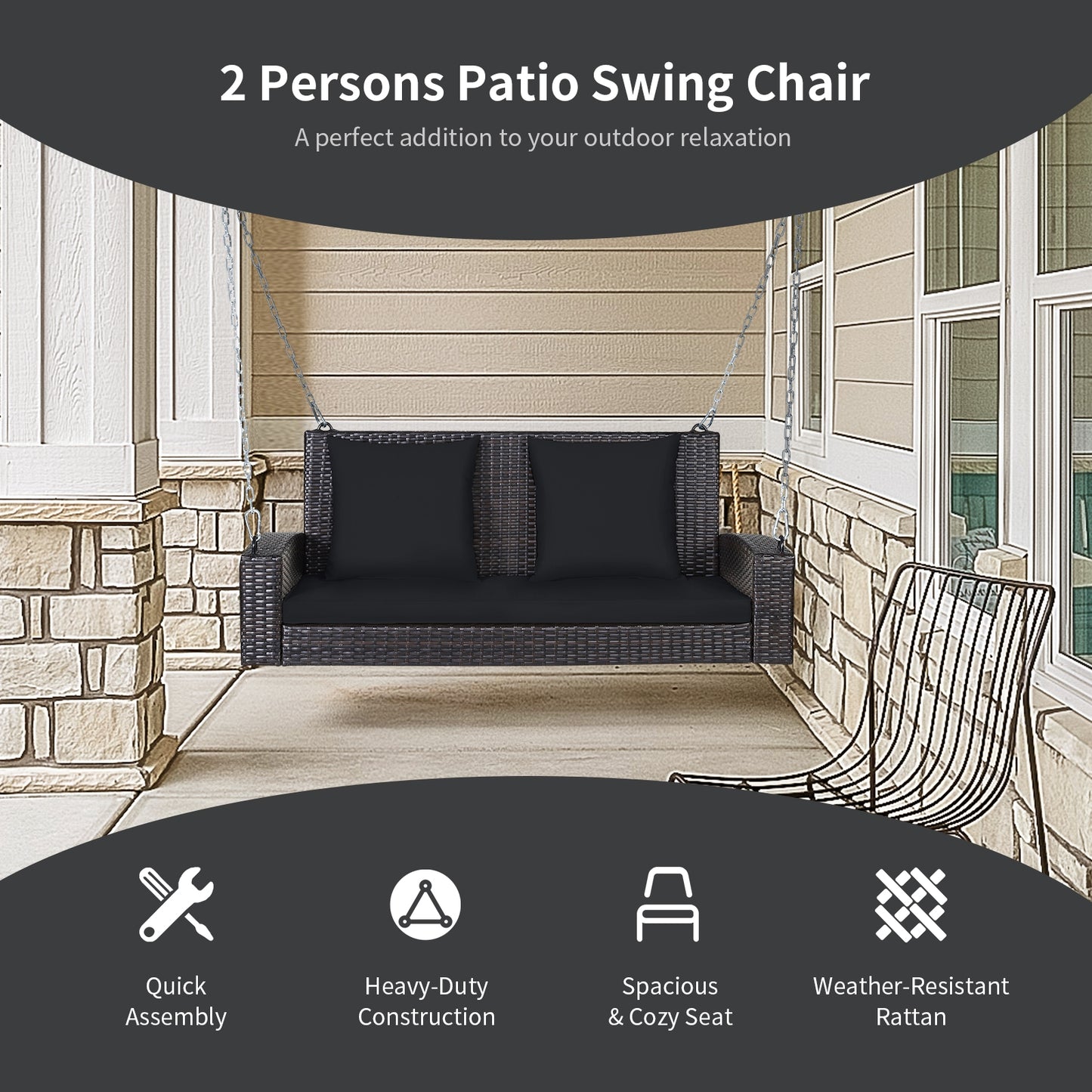 2-Person Patio Rattan Porch Swing with Cushions-Black Kids Crystal